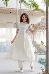 White Indo-Western Cotton Flex Embordered Kurta Set